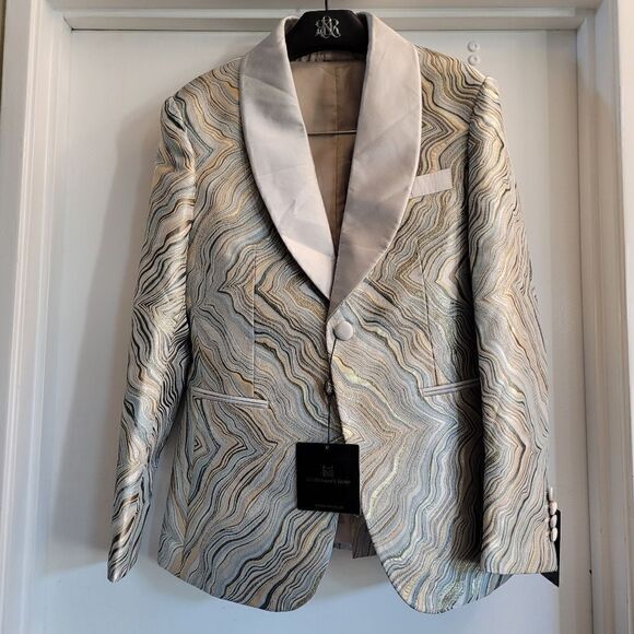 Gentlemens guru abstract print gold and champagne tuxedo jacket and vest - Picture 5 of 16